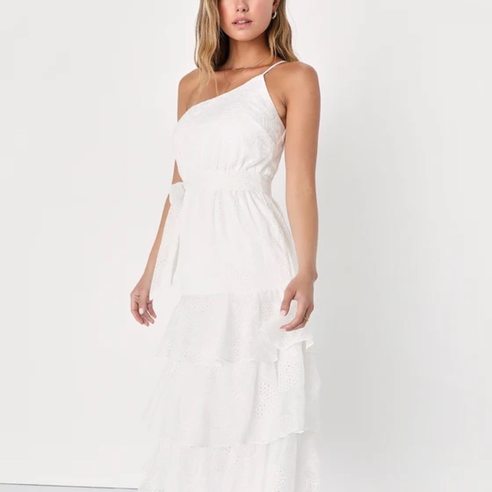 Lulu's White Ruffled Tiered One-Shoulder Sundress
